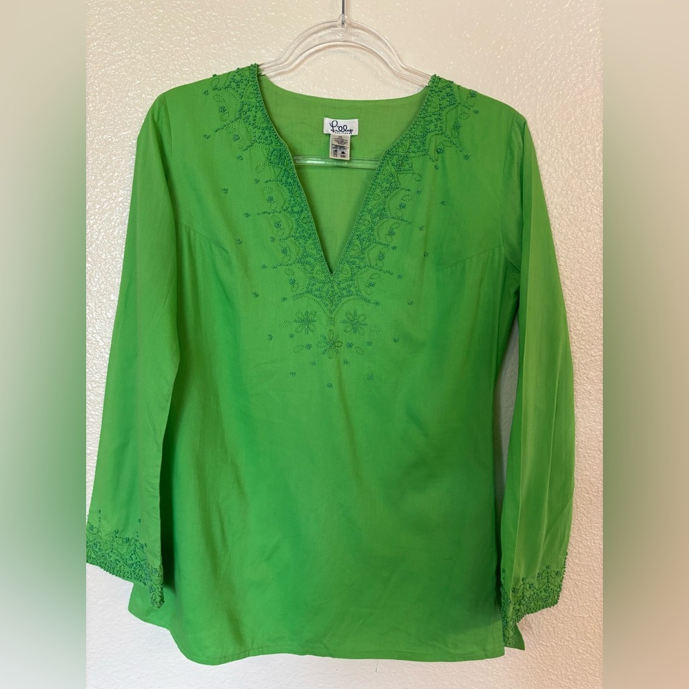 LILLY PULITZER 100% Cotton Beaded Tunic Top in Green